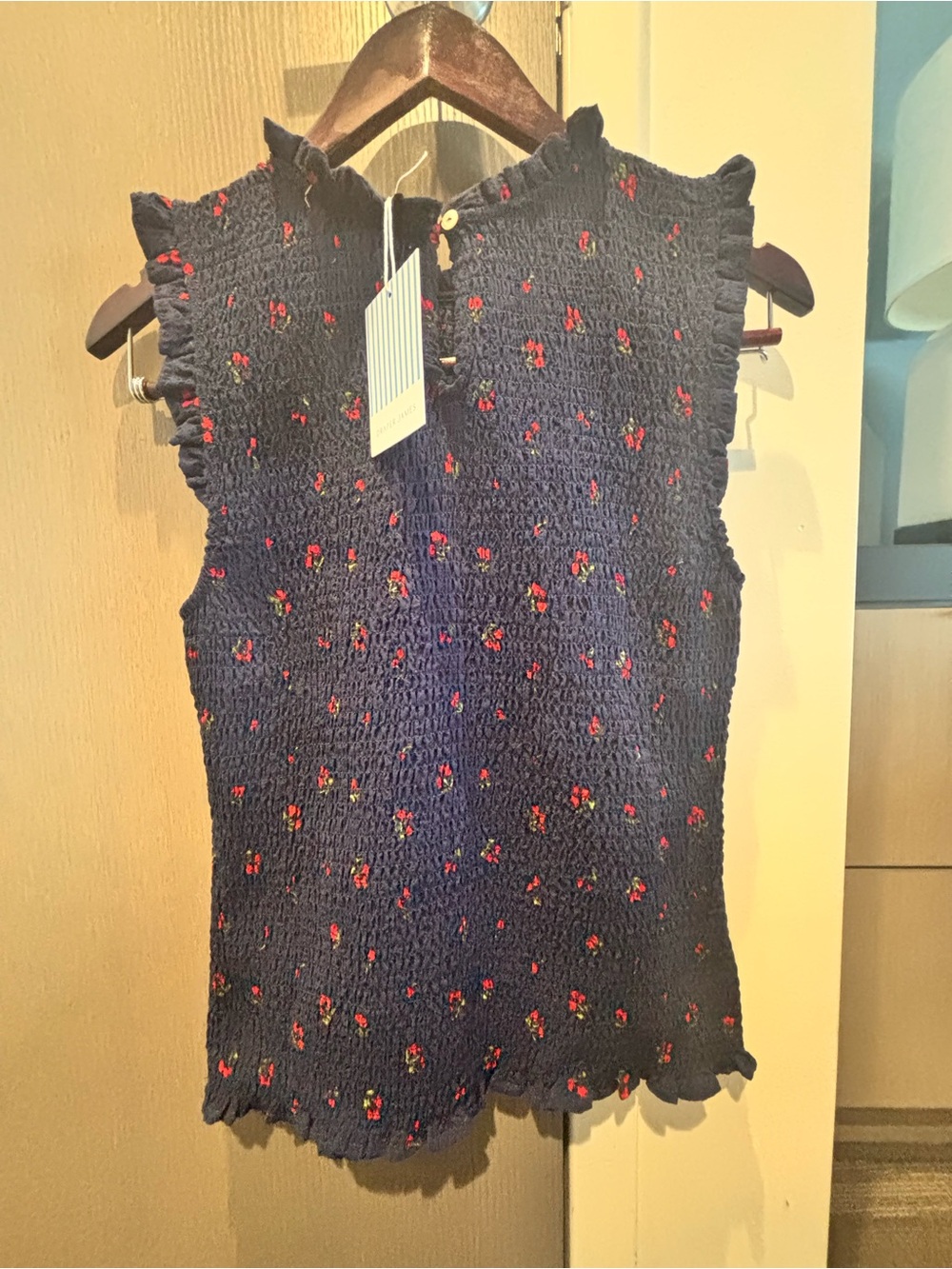 Draper James Navy Smocked Tank with Red Floral Embroidery